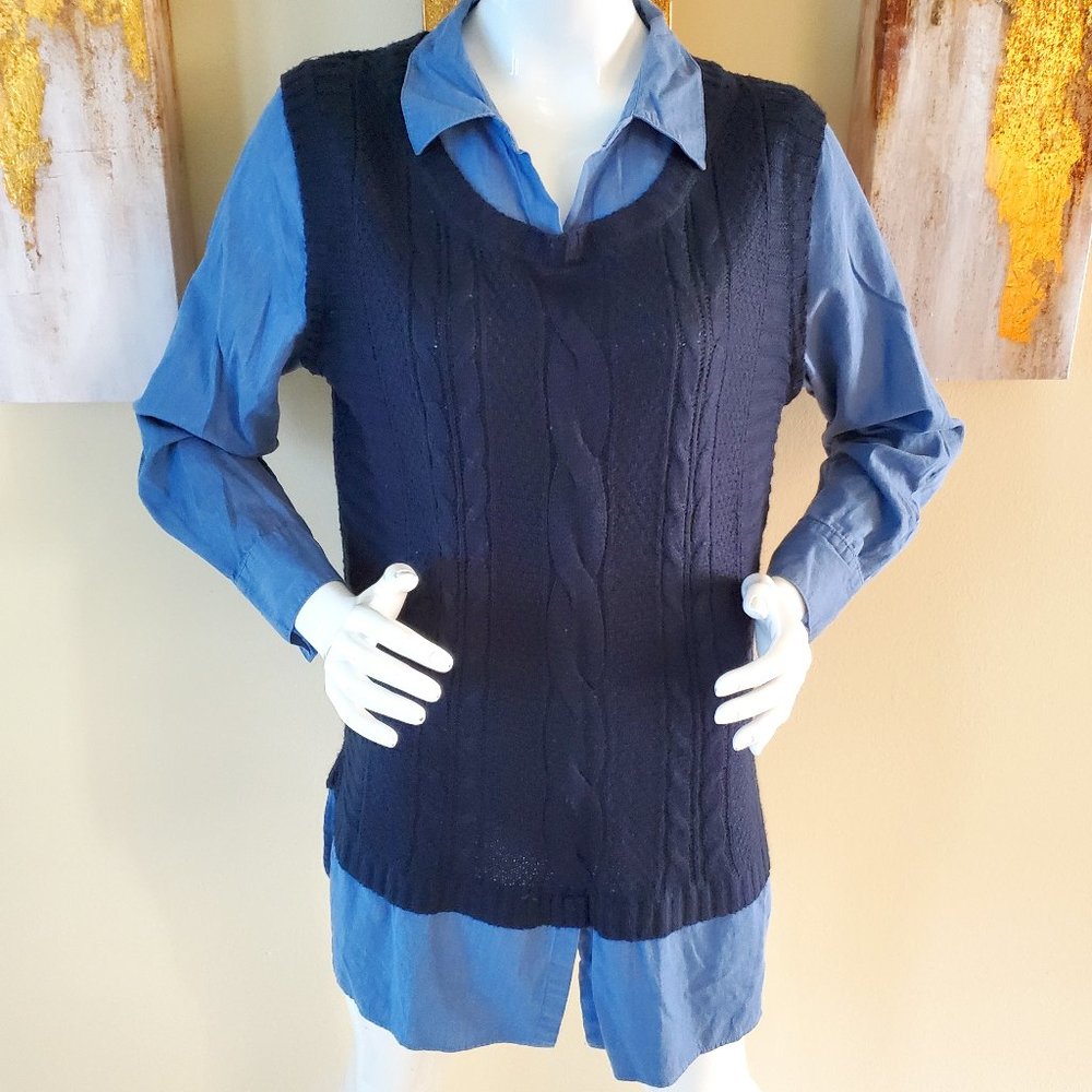 Faded Glory Blue Plus Twofer Sweater with Built-In Collared Shirt SZ L (12-14)